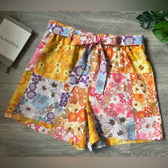 Johnny Was Sherrie 100% Linen Floral Belted Easy Shorts - Floral Multi Size M - Picture 1 of 11